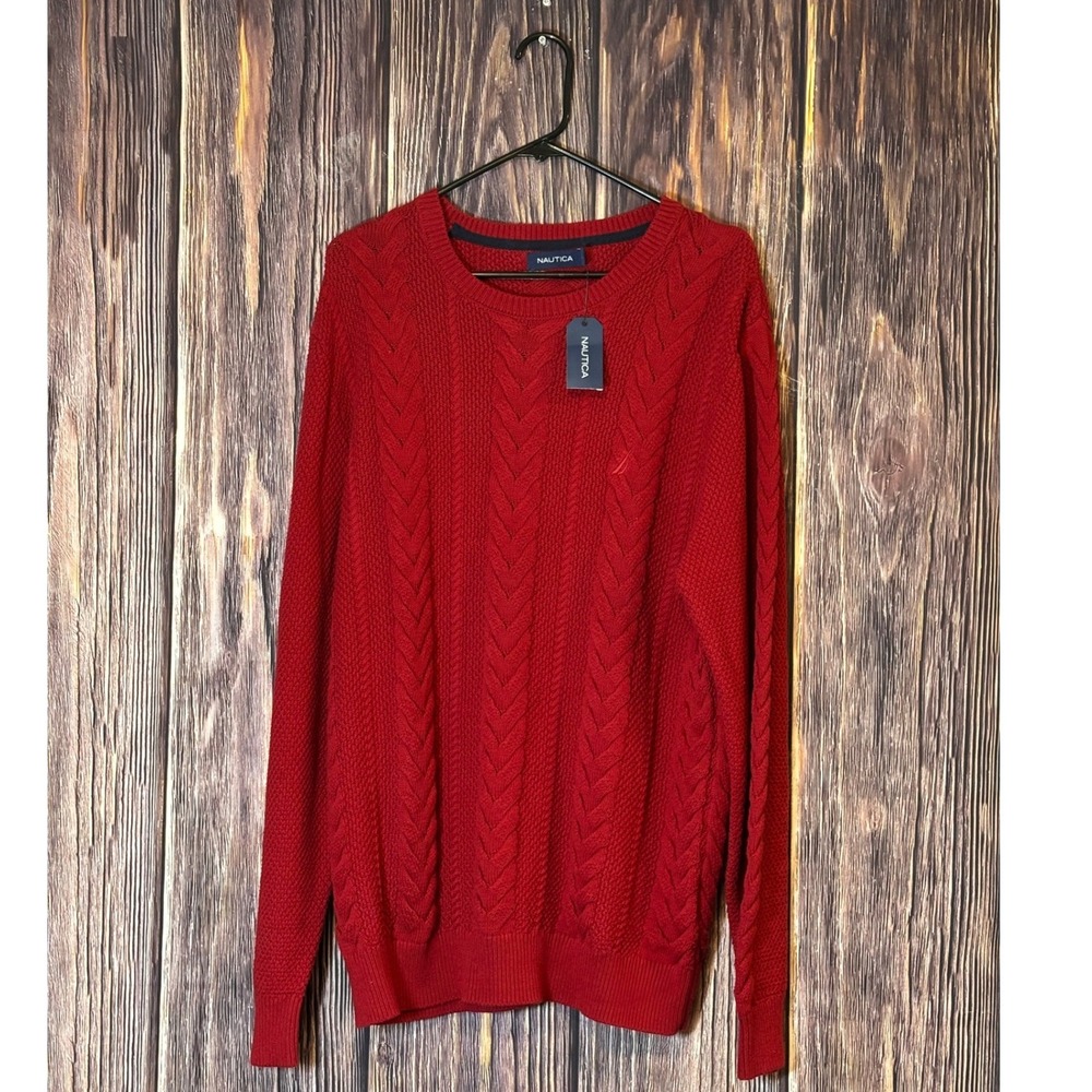 Nautica Sweater Mens Size XL TG Red Cable Knit Crewneck Holiday Pullover NWT